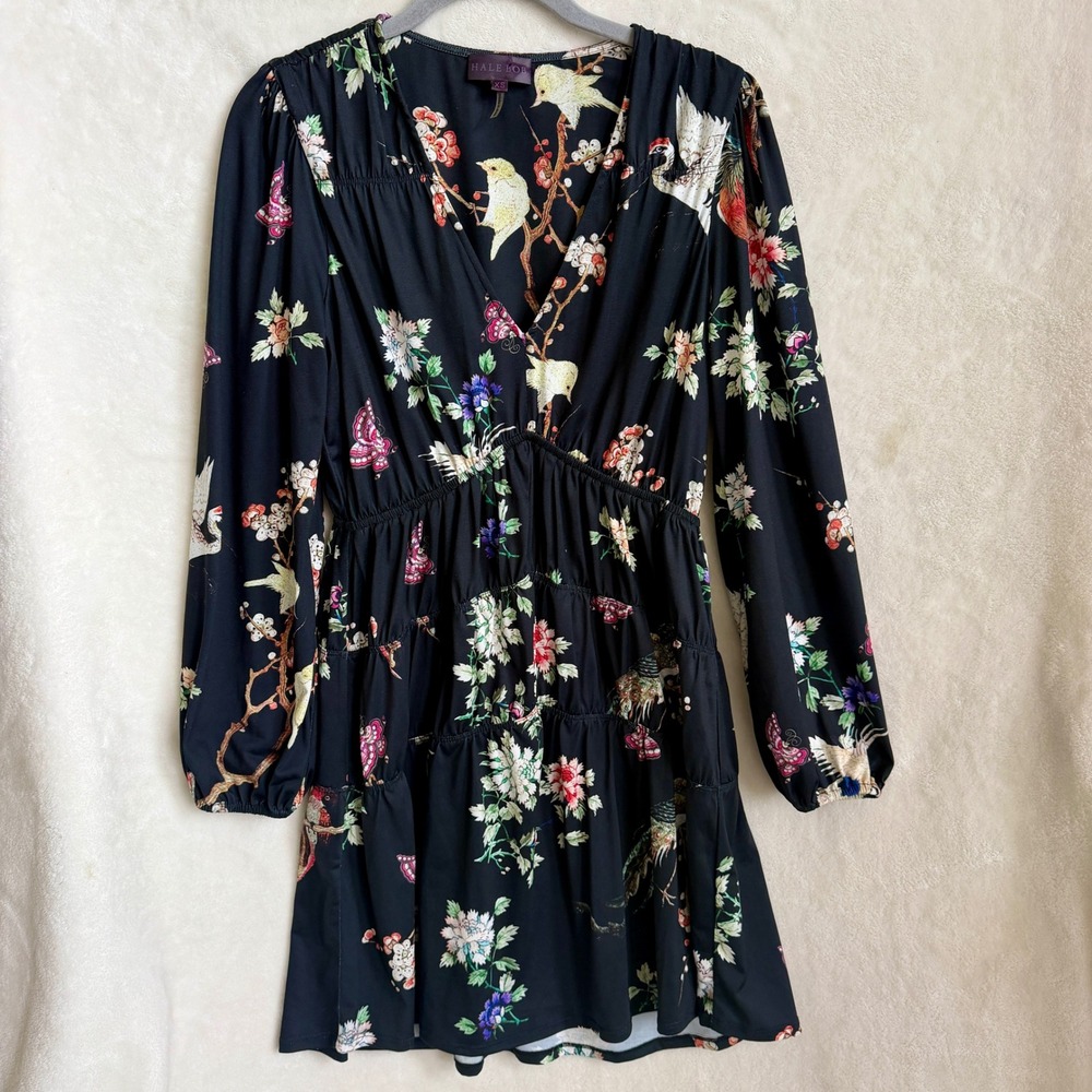 Hale Bob Black Bird Floral Print Wrap Mini Dress Tiered Skirt Size XS Boutique